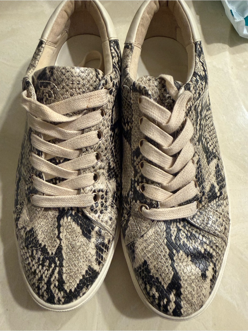 Sam Edelman Beige and Black Snake-Print Lace-Up Sneakers